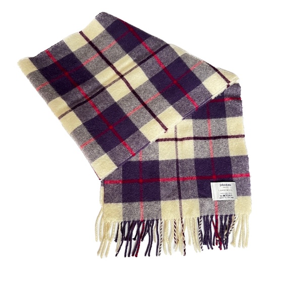 Johnstons 100% Lambswool Scarf Purple Beige Pink Tartan Plaid Scotland - Picture 4 of 5
